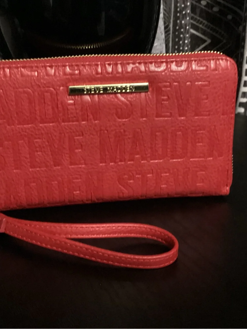 Steve Madden Red Embossed Zip Wristlet with Gold Nameplate